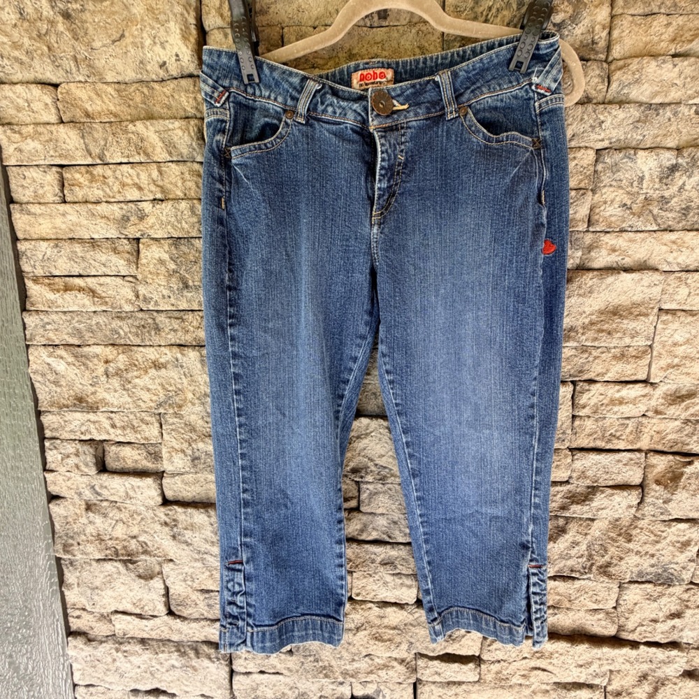 Y2K Bongo Denim Capri Jeans Juniors 15 Red Heart Embroidery Stretch Indie Twee